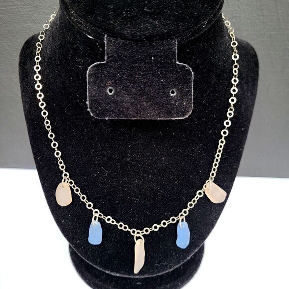 Dainty Sterling Silver Sea Glass Station Necklace Signed 925 India 18 in - Picture 1 of 3